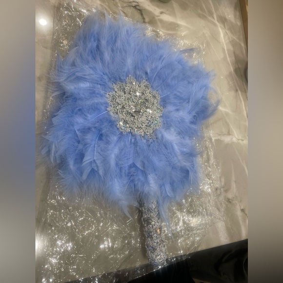 Beautiful Detailed Blue Feather Hand Fan Wedding African Traditional Engagement - Picture 8 of 8